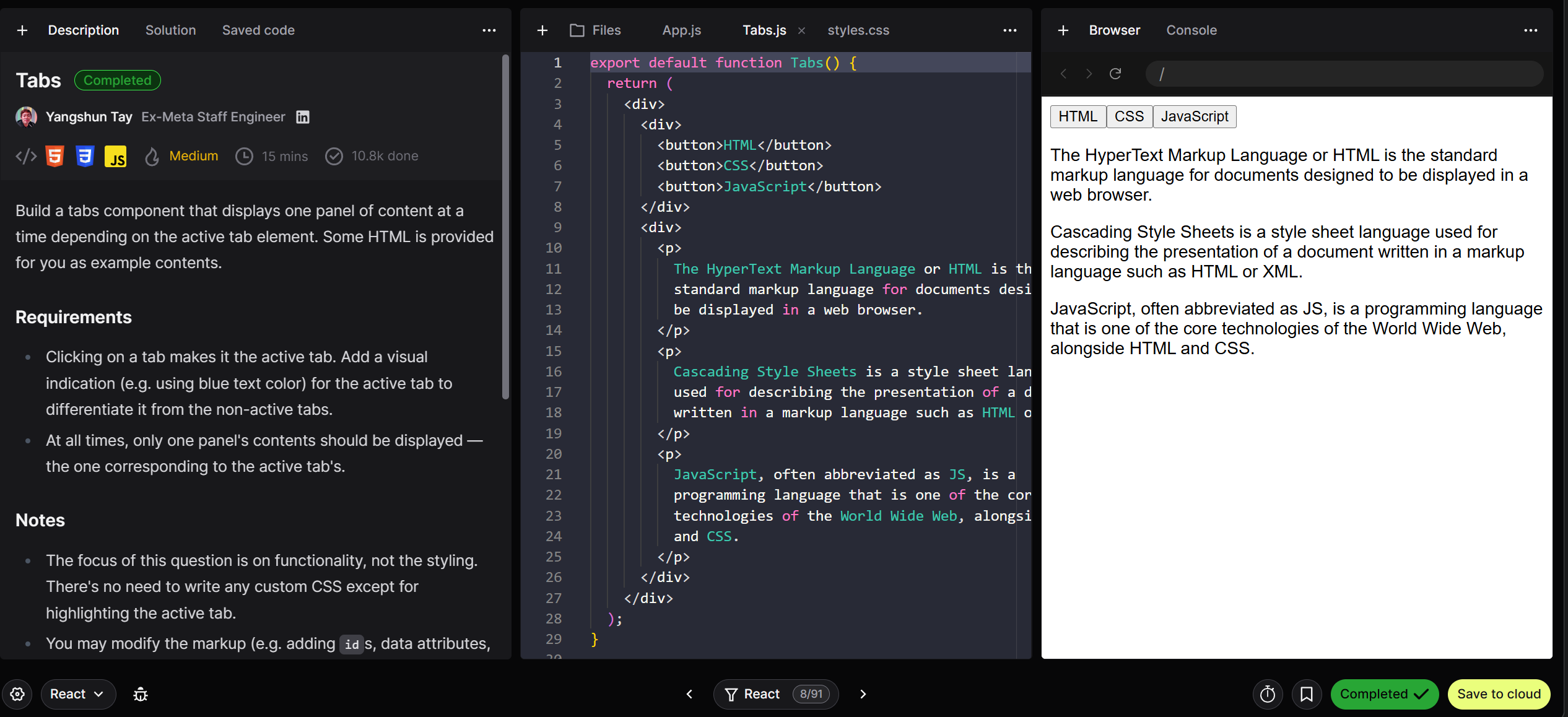 React Tabs question interface